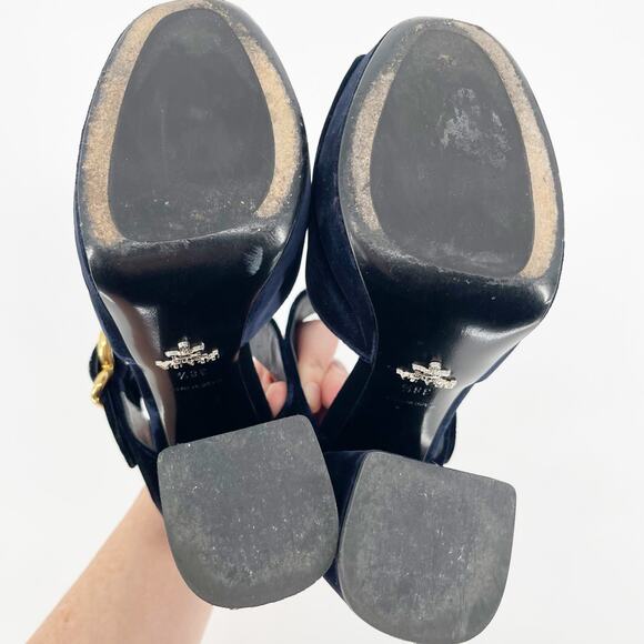 Prada Deep Navy Blue Velvet Block Heel Buckle Chunky Platform Sandal IT 38.5 - Picture 11 of 13